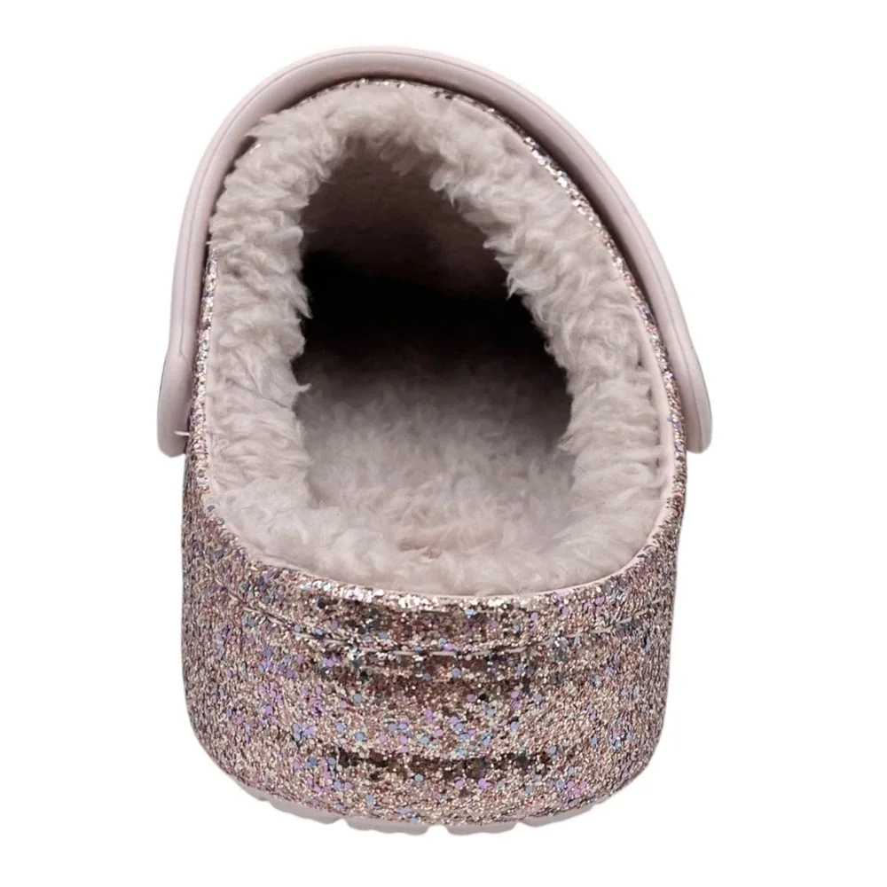 Crocs Big Girls Lined Clogs Size 3 (J3) Barely Pink Glitter  Slip-on Cozy Warm